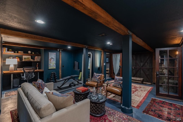 cinema room featuring recessed lighting and beamed ceiling