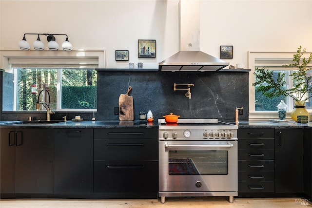 kitchen featuring island range hood, a sink, dark cabinetry, and high end stainless steel range