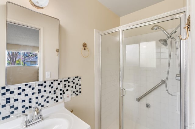 1740 Sereno Dr, Vallejo, CA 94589 - full bathroom with a sink, decorative backsplash, and a stall shower