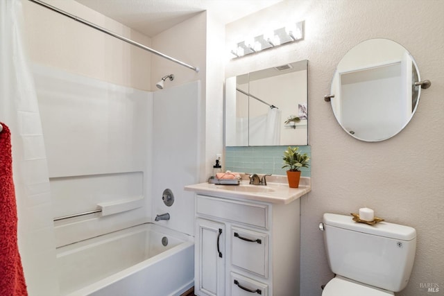 bathroom with decorative backsplash, visible vents, toilet, shower / bath combination with curtain, and vanity