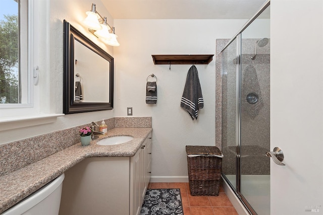 bathroom with a shower stall, tile patterned flooring, vanity, and plenty of natural light