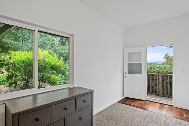 doorway with dark carpet