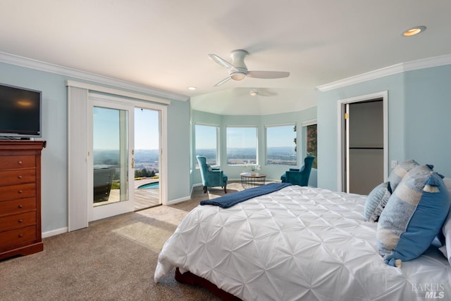carpeted bedroom featuring access to exterior, baseboards, ornamental molding, and recessed lighting