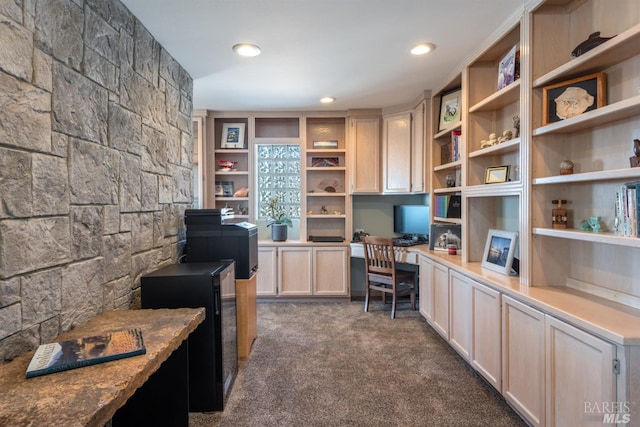 office area with dark carpet, built in study area, and recessed lighting