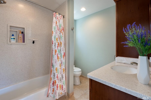bathroom featuring toilet, vanity, shower / bath combination with curtain, and tile patterned flooring