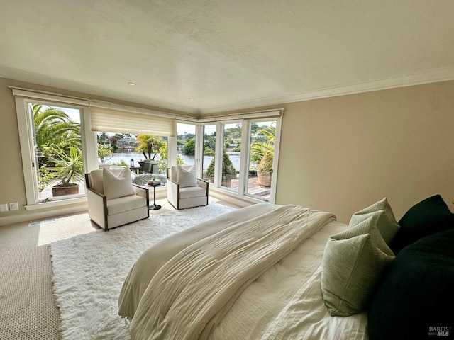 carpeted bedroom featuring ornamental molding and a water view