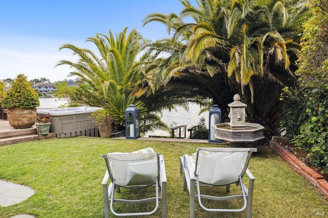 view of yard featuring a water view and a jacuzzi