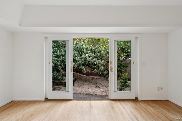 entryway with wood finished floors, a wealth of natural light, and baseboards