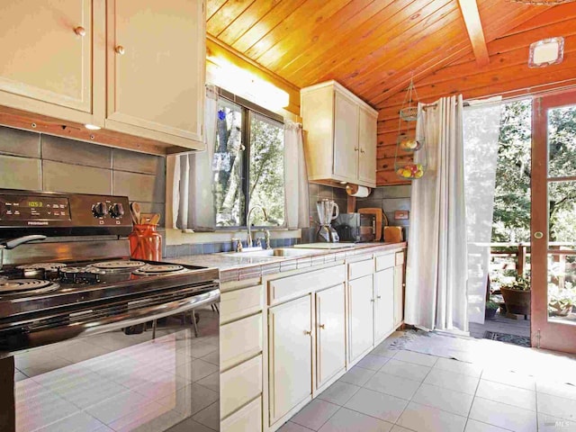 kitchen featuring tasteful backsplash, wood ceiling, light countertops, a sink, and black range with electric cooktop