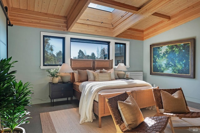 bedroom with beam ceiling, a skylight, and wooden ceiling