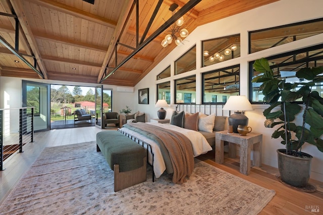 bedroom featuring a chandelier, wooden ceiling, wood finished floors, and beam ceiling