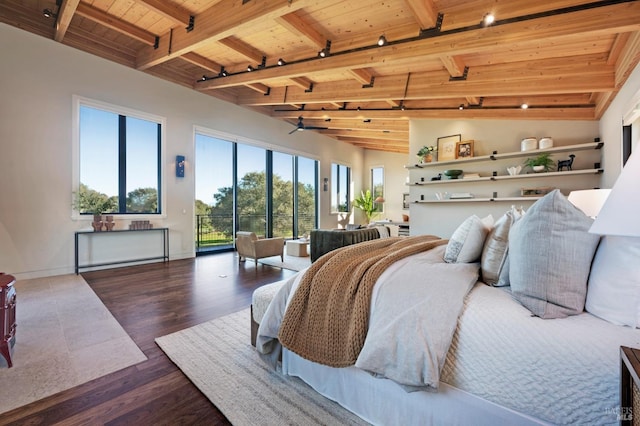 bedroom with access to outside, lofted ceiling with beams, wood ceiling, wood finished floors, and baseboards