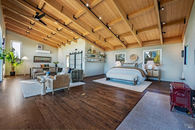 bedroom featuring track lighting, a barn door, lofted ceiling with beams, wood ceiling, and dark wood-type flooring