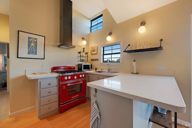 kitchen featuring a sink, ventilation hood, appliances with stainless steel finishes, a peninsula, and light wood-style flooring