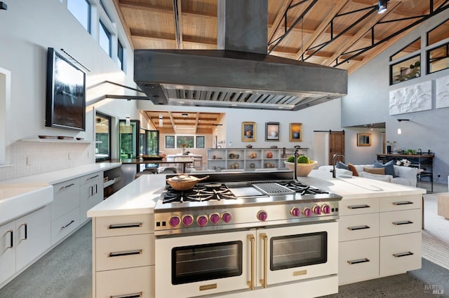 kitchen featuring open floor plan, exhaust hood, a towering ceiling, and double oven range