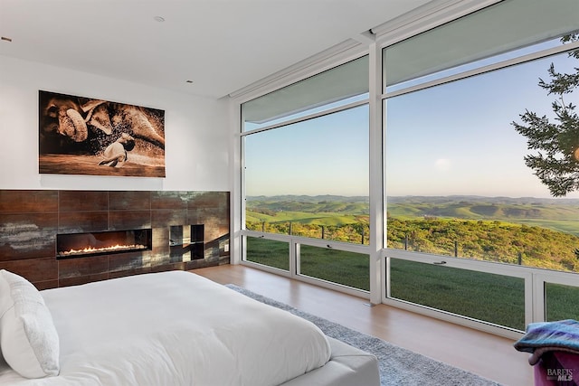 bedroom featuring a wall of windows and a fireplace