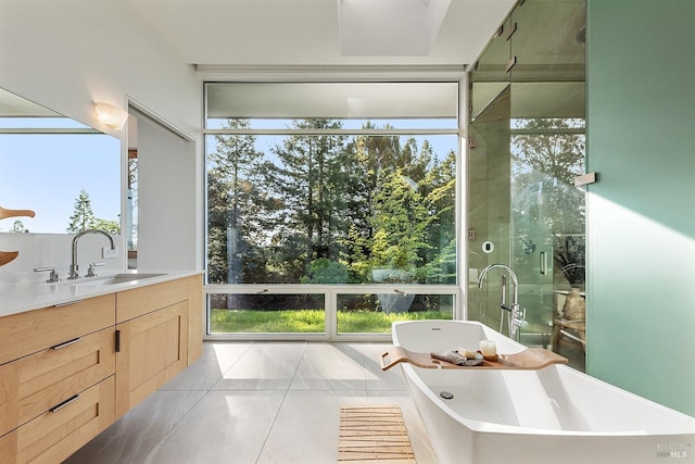 full bathroom with a freestanding bath, plenty of natural light, vanity, and tile patterned floors