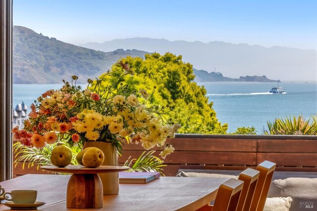 exterior space featuring a water and mountain view