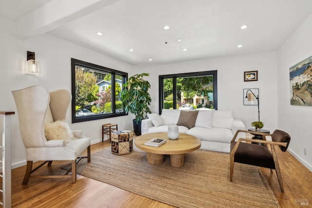 living area with recessed lighting, baseboards, and wood finished floors