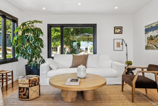 living room with recessed lighting and wood finished floors