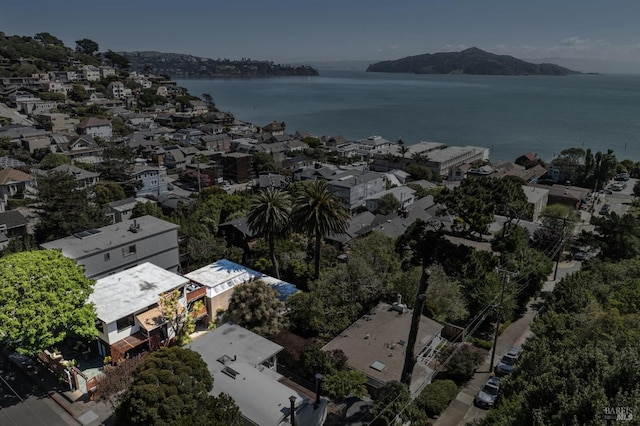 drone / aerial view with a residential view and a water and mountain view