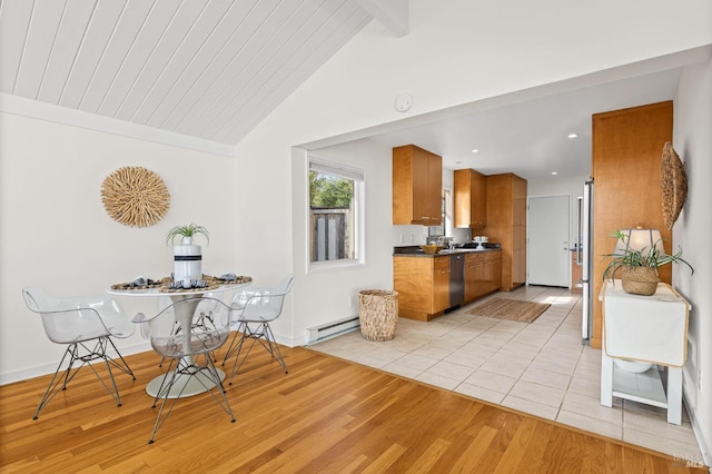 13 Leeward Rd, Belvedere, CA 94920 - kitchen with light wood-style flooring, brown cabinetry, a baseboard heating unit, and dishwasher