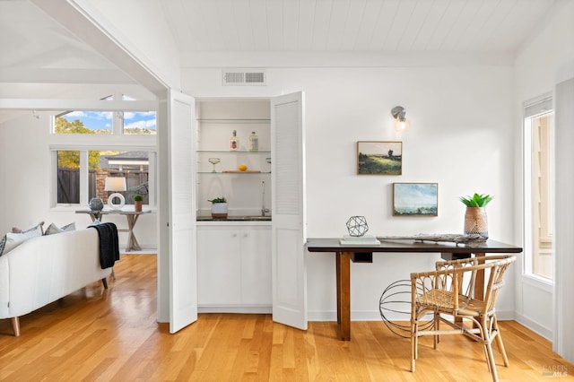 13 Leeward Rd, Belvedere, CA 94920 - bar with baseboards, light wood-type flooring, vaulted ceiling with beams, visible vents, and wooden ceiling