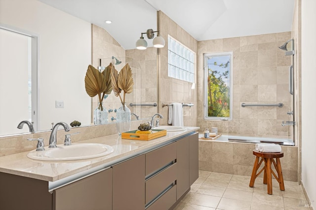 13 Leeward Rd, Belvedere, CA 94920 - bathroom with double vanity, a sink, tile patterned flooring, and lofted ceiling