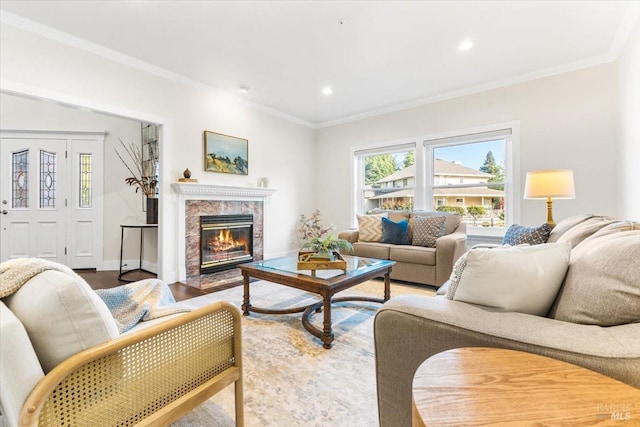 433 Tee Ct, Healdsburg, CA 95448 - living area featuring crown molding, a fireplace, recessed lighting, wood finished floors, and baseboards