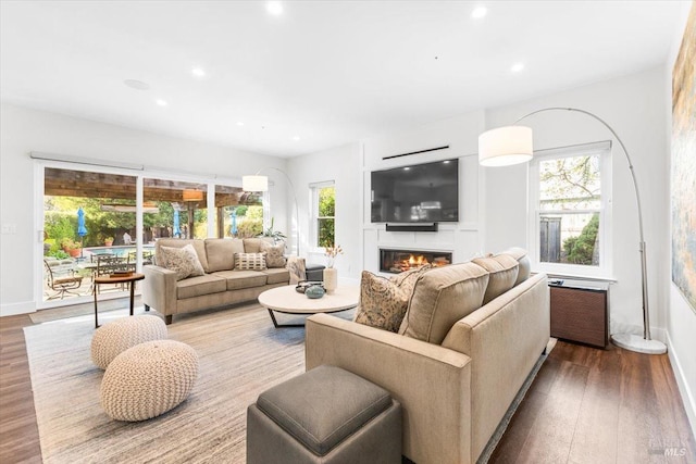 433 Tee Ct, Healdsburg, CA 95448 - living area featuring radiator heating unit, plenty of natural light, a glass covered fireplace, and wood finished floors