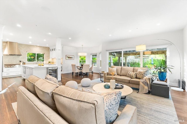 433 Tee Ct, Healdsburg, CA 95448 - living area featuring recessed lighting, plenty of natural light, dark wood-type flooring, and wine cooler
