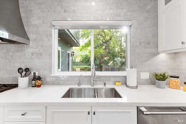 433 Tee Ct, Healdsburg, CA 95448 - kitchen with white cabinets, a sink, wall chimney range hood, dishwashing machine, and decorative backsplash