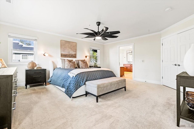 433 Tee Ct, Healdsburg, CA 95448 - bedroom featuring a ceiling fan, light carpet, baseboards, and ornamental molding