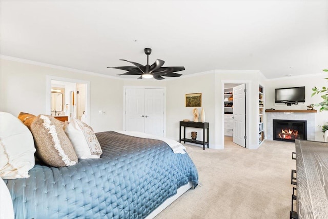 433 Tee Ct, Healdsburg, CA 95448 - bedroom with ceiling fan, a lit fireplace, ornamental molding, light carpet, and baseboards