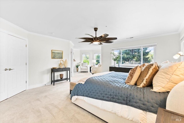 433 Tee Ct, Healdsburg, CA 95448 - bedroom featuring baseboards, ornamental molding, carpet flooring, visible vents, and ceiling fan