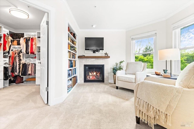 433 Tee Ct, Healdsburg, CA 95448 - interior space featuring ornamental molding, a fireplace, a spacious closet, and carpet floors