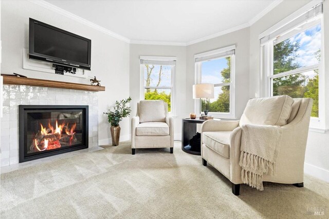433 Tee Ct, Healdsburg, CA 95448 - sitting room with a fireplace, baseboards, crown molding, and carpet floors