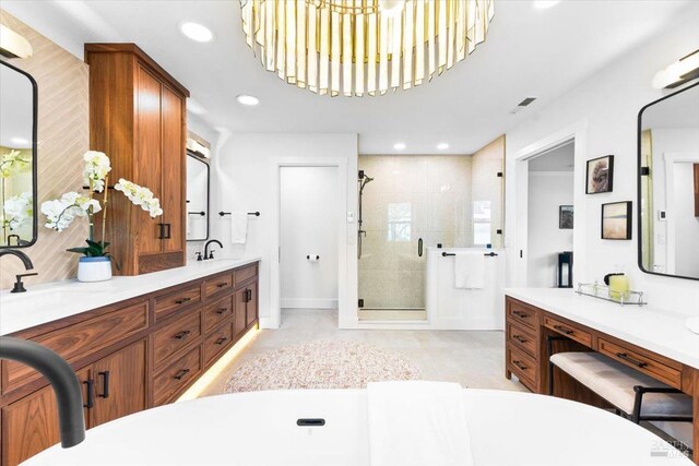 433 Tee Ct, Healdsburg, CA 95448 - full bathroom featuring a shower stall, double vanity, and a sink