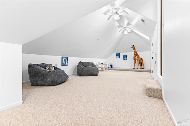 433 Tee Ct, Healdsburg, CA 95448 - living area with baseboards, a ceiling fan, visible vents, lofted ceiling, and carpet