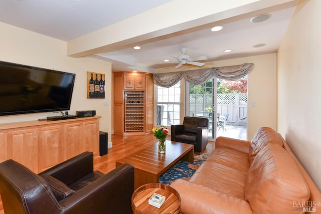 6600 Yount St Unit 40, Yountville, CA 94599 - living area with beam ceiling, a ceiling fan, recessed lighting, and light wood finished floors