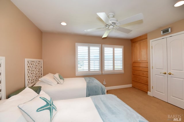 6600 Yount St Unit 40, Yountville, CA 94599 - bedroom featuring a closet, baseboards, light carpet, recessed lighting, and ceiling fan
