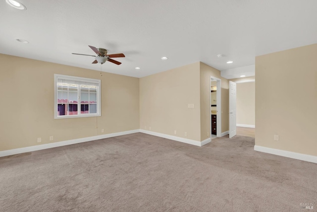 unfurnished room featuring baseboards, a ceiling fan, carpet, and recessed lighting