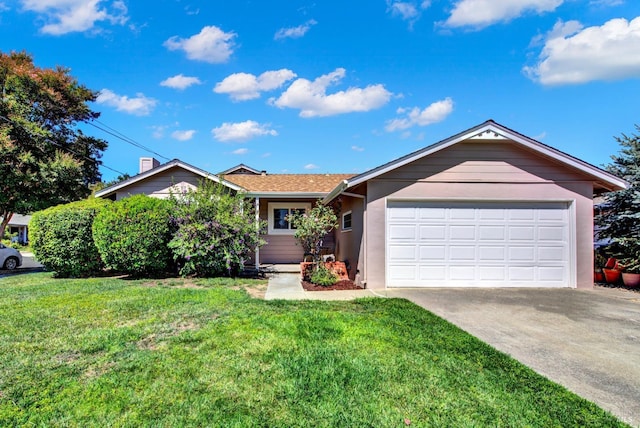 single story home with concrete driveway, stucco siding, a garage, and a front lawn