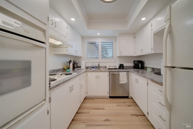 368 Lily St, Fairfield, CA 94533 - kitchen with white appliances, a raised ceiling, light wood-type flooring, recessed lighting, and white cabinets