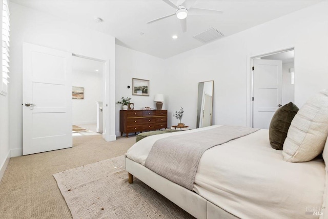 bedroom with ceiling fan, baseboards, recessed lighting, and carpet floors