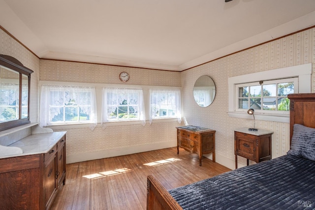 1436 Pine St, Napa, CA 94559 - bedroom with light wood-style floors, wallpapered walls, baseboards, and ornamental molding