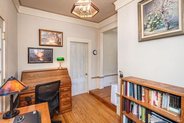1436 Pine St, Napa, CA 94559 - office featuring crown molding, light wood-type flooring, and a chandelier