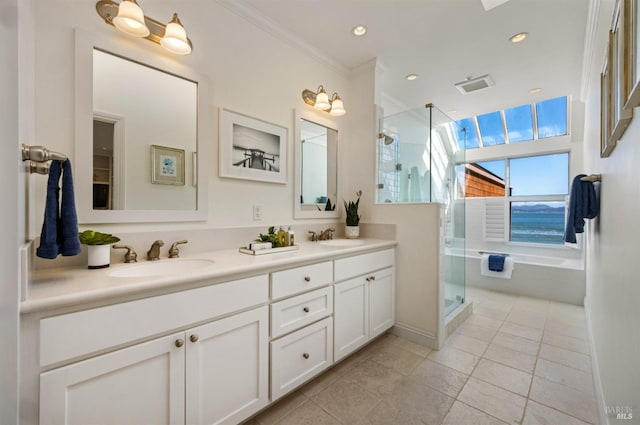 403 Paradise Dr, Tiburon, CA 94920 - full bath with a sink, double vanity, a stall shower, and crown molding