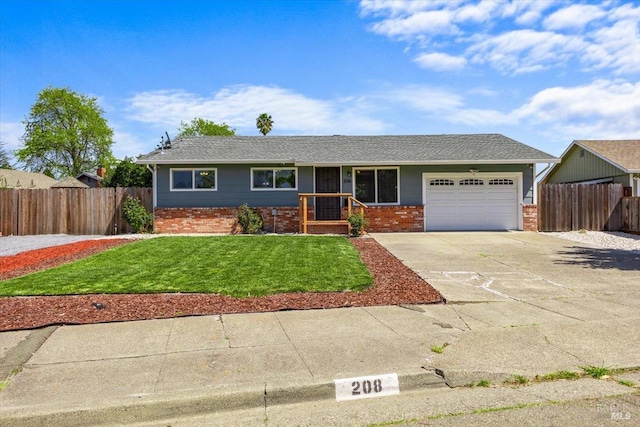 ranch-style house featuring brick siding, a front lawn, fence, and a garage