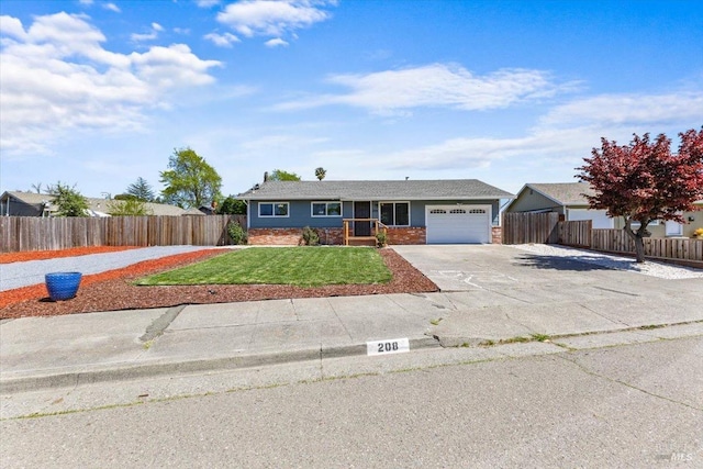ranch-style home with an attached garage, driveway, fence, and brick siding
